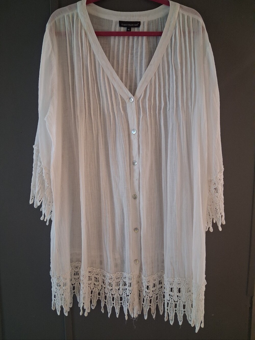 Club Z Collection White Gauze, Crocheted Lace Hem & Sleeves, Semi-sheer, Tunic
